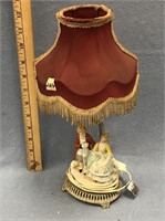 Antique ceramic lamp with handmade cloth lampshade