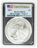 Coin 2021 Silver Eagle T2 1st Strike-PCGS MS70