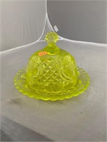 Vaseline Glass Round Covered Butter Dish