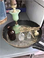 Jadeite Glass Lamp, Bottles, Pan