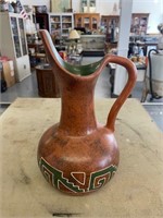 VINTAGE CLAY MEXICAN 9.5" POTTERY JUG - GREEN & WH