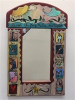 1997 hand carved & painted wood art mirror, signed