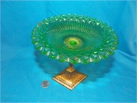 PAIRPOINT GREEN COMPOTE W/METAL VASE