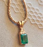 18K Gold Emerald & Diamond Pendant+ Chain