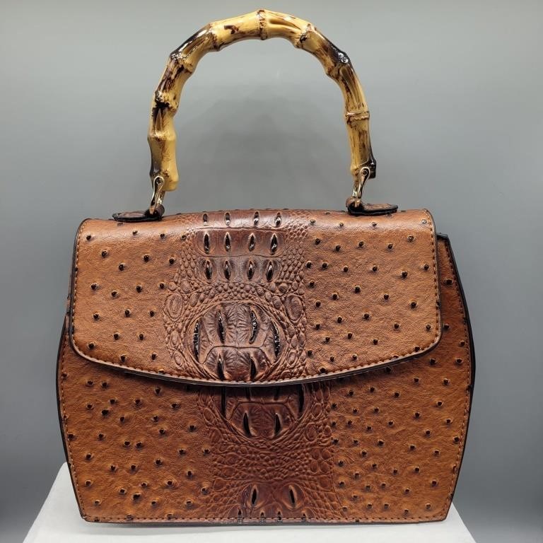 NEW BAMBOO HANDLE HANDBAG FAUX OSTRICH