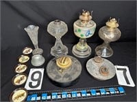 7 Old Oil lamps & 5 Coasters