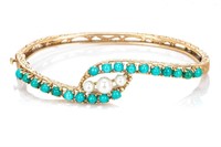 14K GOLD, TURQUOISE AND PEARL BRACELET, 13.8g