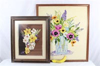 Vtg. Floral Embroidered Framed Wall art