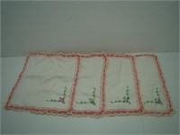 Four Hand Embroidered Napkins with Pink Lace Trim