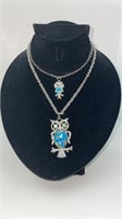 Owl Necklace Double Chain 2 Owls 20&22 inch Chains