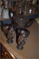 Silverplate Teapot, S&P Shakers, Cups