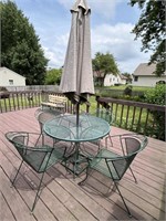 Green Metal Patio Chair and Table With Umbrella