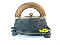 Antique Cast Iron Sad Iron w/ Stand Wooden Handle