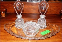 Vanity glass set: two perfume bottles with lids,