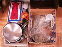 Two boxes including pots and pans, hand vac by
