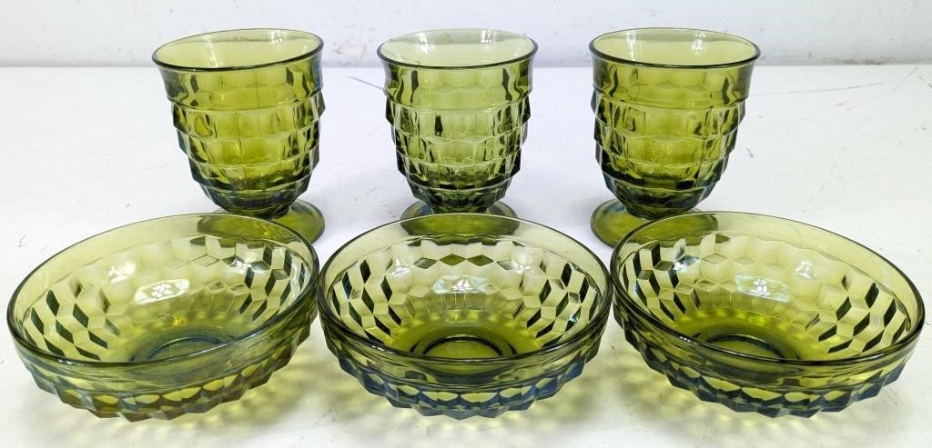 (6) Green Pedestal Drinking Glasses & Bowls