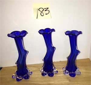 3 Blue Glass Bud Vases
