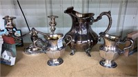 Silverplate candelabra, Towle pitcher, & Rogers