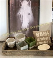 Wooden Tray with Home Decor and Horse Picture