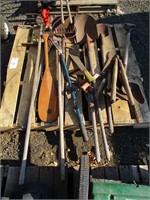 Pallet of Shovels, Hedge Trimmer, Scythe, Lopper