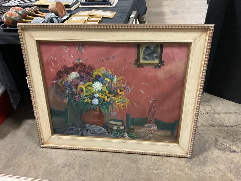 Large Signed Oil on Canvas Floral Art.