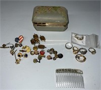 Hand painted Glass Box, Military Pins, Jewelry