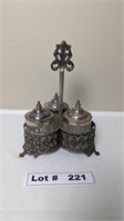 VINTAGE SILVER PLATED CONDIMENT HOLDER AND CONDIME