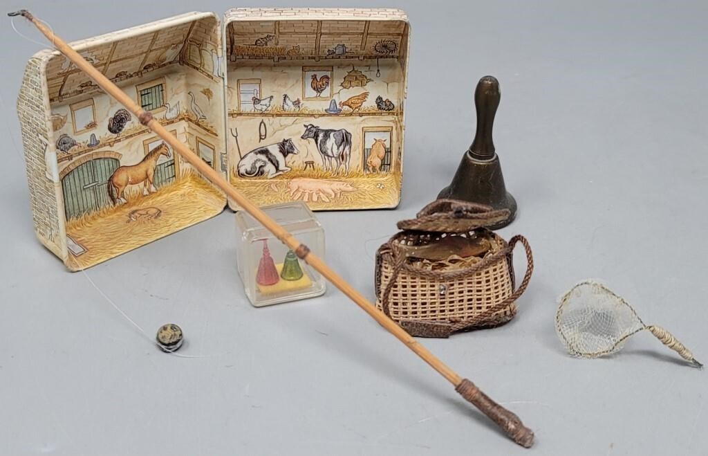 Miniatures: Fishing Creel Pole & Net, Bells &