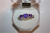 Sterling Silver Purple Sapphire 3 Stone Ring Size9