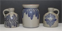 3 pieces of contemporary blue decorated stoneware
