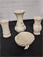 4pc beautiful IRISH BELLEEK porcelain vases dish