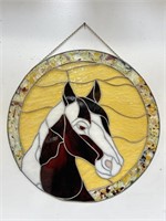 Stained glass equestrian art panel, 
20”diam.
