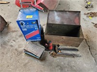 battery charger, metal tool box, bottle jack,