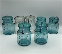 7 Blue Ball Ideal Canning Jars, Glass Lids