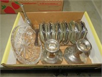 COLL. OF SILVER PLATE COASTERS, CANDLE HOLDER, MIS