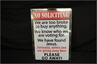 "No Soliciting" Tin Sign  - New in plastic