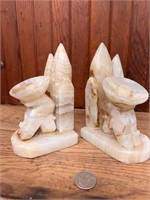 Pair Vintage Carved Onyx/Quartz/Alabaster Bookends