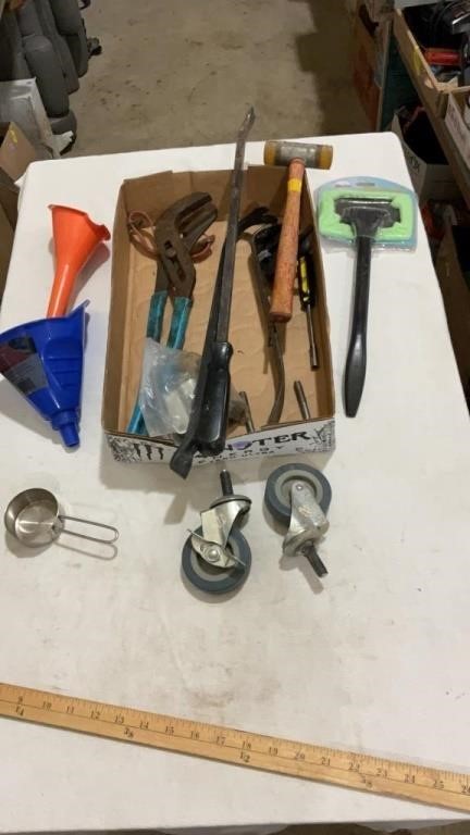 Hand tools, funnels, cart wheels