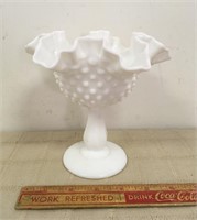 MILK GLASS HOBNAIL RUFFLED PEDESTAL DISH