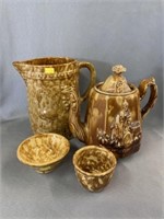 Rockingham Glazed Teapot, Pitcher & Custard Cups