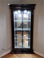 Black Lacquer Corner Lighted Curio Cabinet