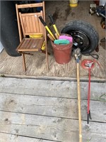 2 Pails Tools, Wooden Chair, Spare Tire, Black Tue