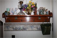 WOOD SHELF WITH CONTENTS & OTHER HOME DECOR