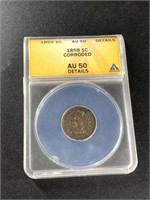 1859 Indian head cent graded AU50 details, corrode