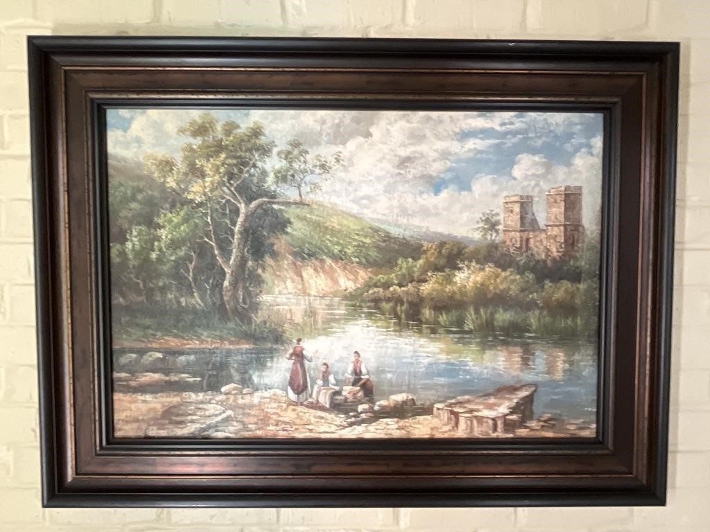 Unsigned Oil on Board, Women by River Landscape