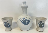 CRIMMINS POTTERY DECANTER AND GLASSES