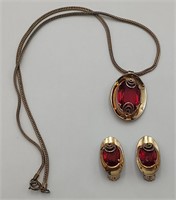 Pretty Ruby & Golden Pendant w/Ear Clips