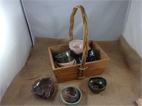 Wood Basket w/Lots of Pottery Items