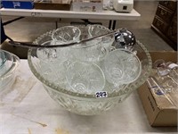 VINTAGE PUNCH BOWL WITH GLASSES AND LADLE