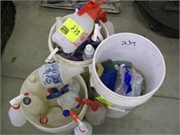3 BUCKETS WITH USED SPRAY BOTTLES, BRUSHES